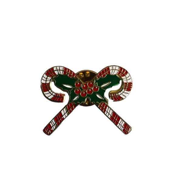 Christmas Holiday Crossed Candy Cane Mistletoe Enameled Gold Tone Pinback EUC - Picture 1 of 3